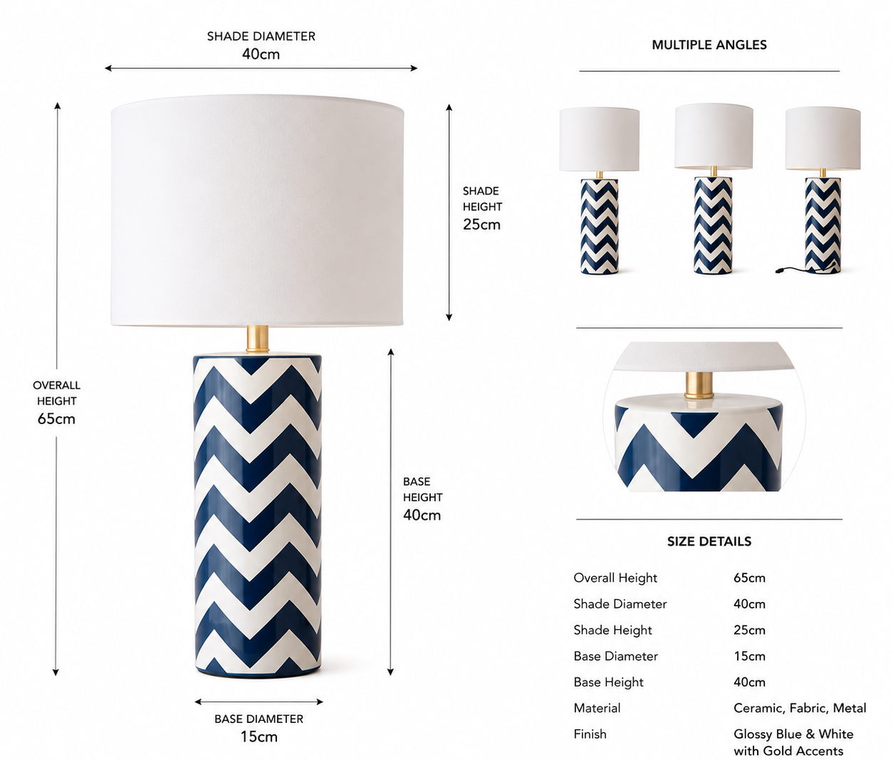 A product infographic showing a table lamp with a white drum shade and a navy-and-white chevron ceramic base. The image includes labeled dimensions for overall height, shade height, shade diameter, base height, and base diameter, plus multiple-angle views and a size/details table.