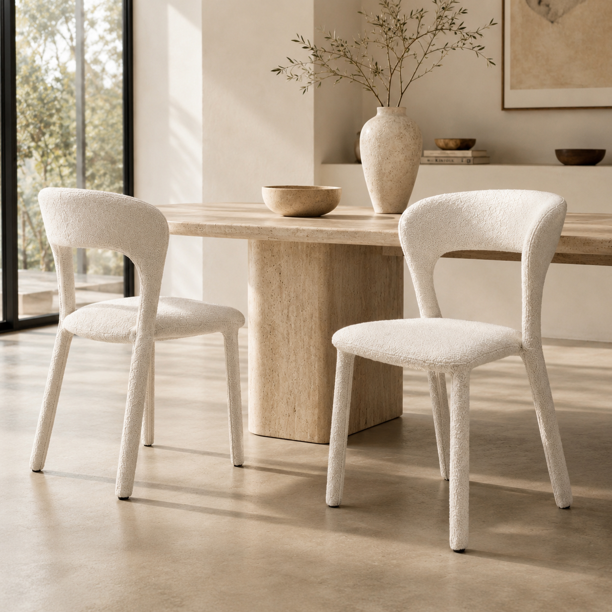 Sculptural Bouclé Dining Chair with Open Backrest – Modern Ivory Upholstered Dining Chair