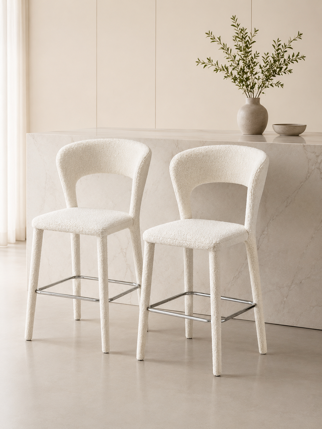 Modern White Bouclé Bar Chair with Chrome Footrest