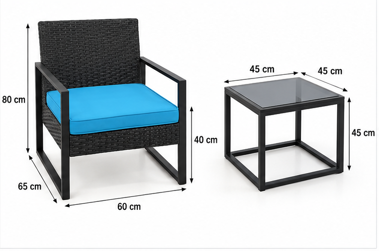 3-Piece Outdoor Rattan Furniture Set with 2 Chairs & Side Table – Blue Cushions