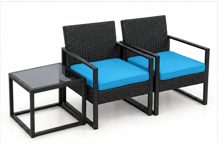 3-Piece Outdoor Rattan Furniture Set with 2 Chairs & Side Table – Blue Cushions - SHAGHAF HOME
