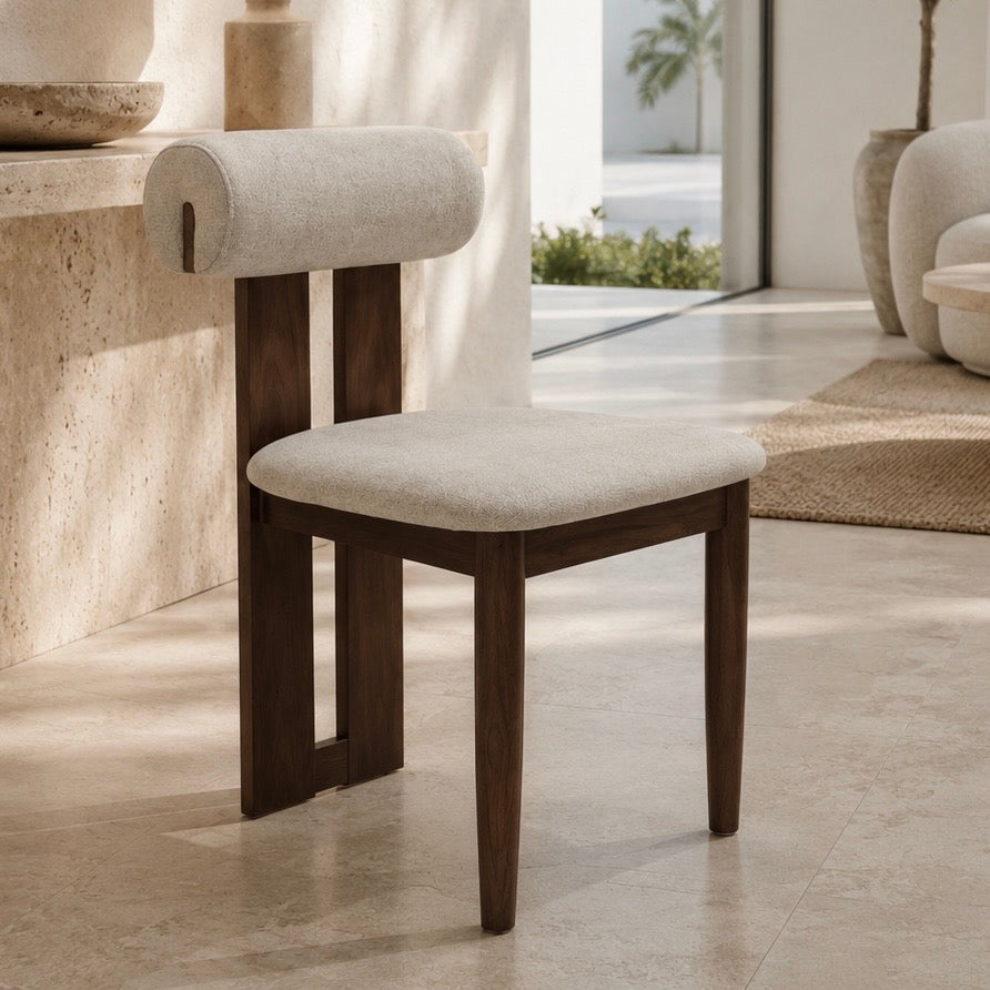 Modern Solid Wood Dining Chair with Linen Upholstered Seat & Sculptural Backrest – Beige