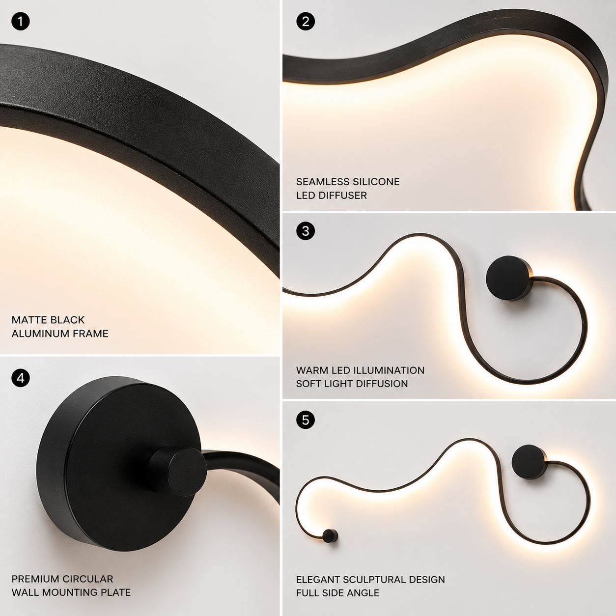 Modern Sculptural LED Wall Lamp – 3 Color Changing Wall Light | Minimalist Black Aluminum Sconce