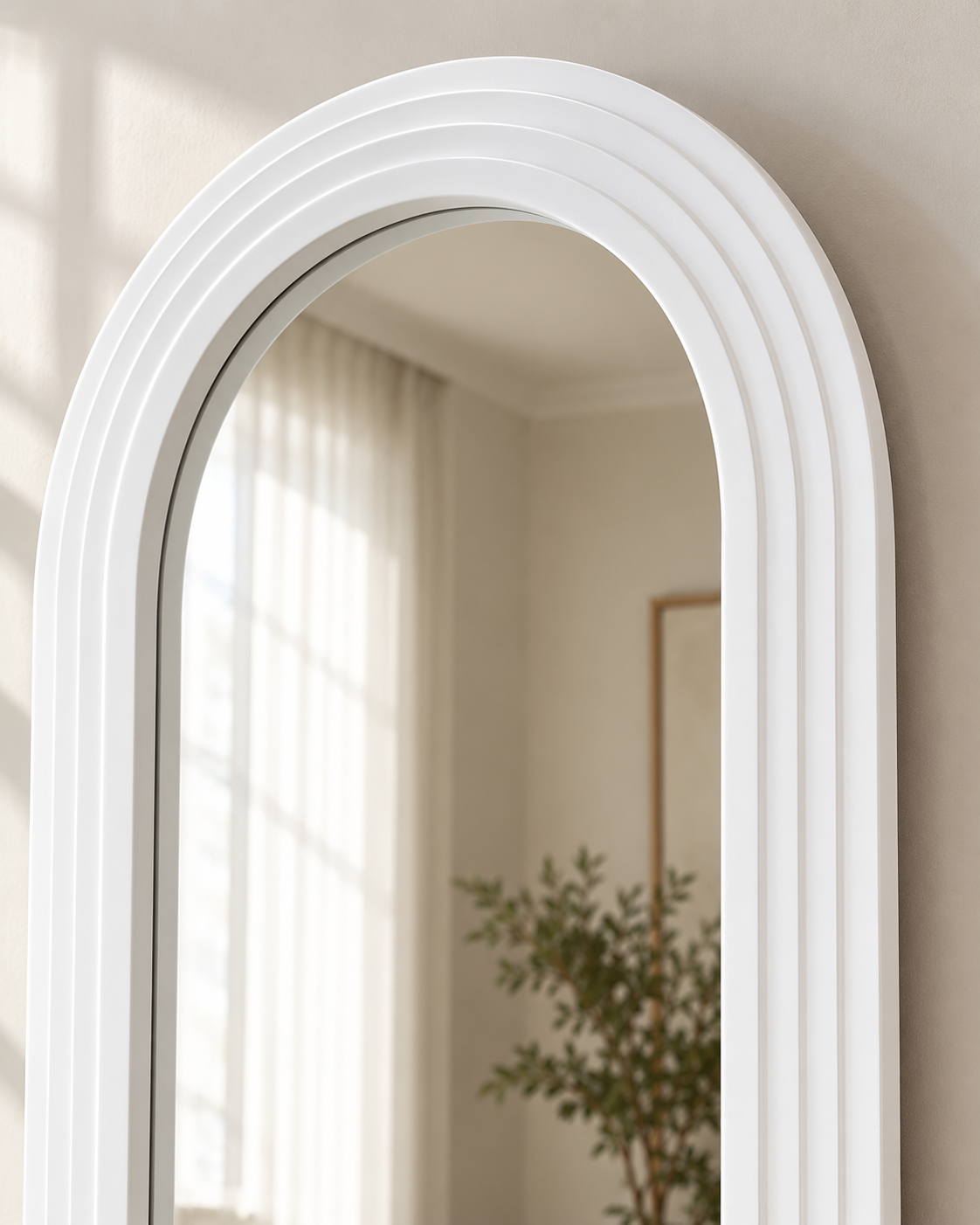 Pure White Arched Full-Length Mirror with Ribbed Wood Frame 170×80 cm