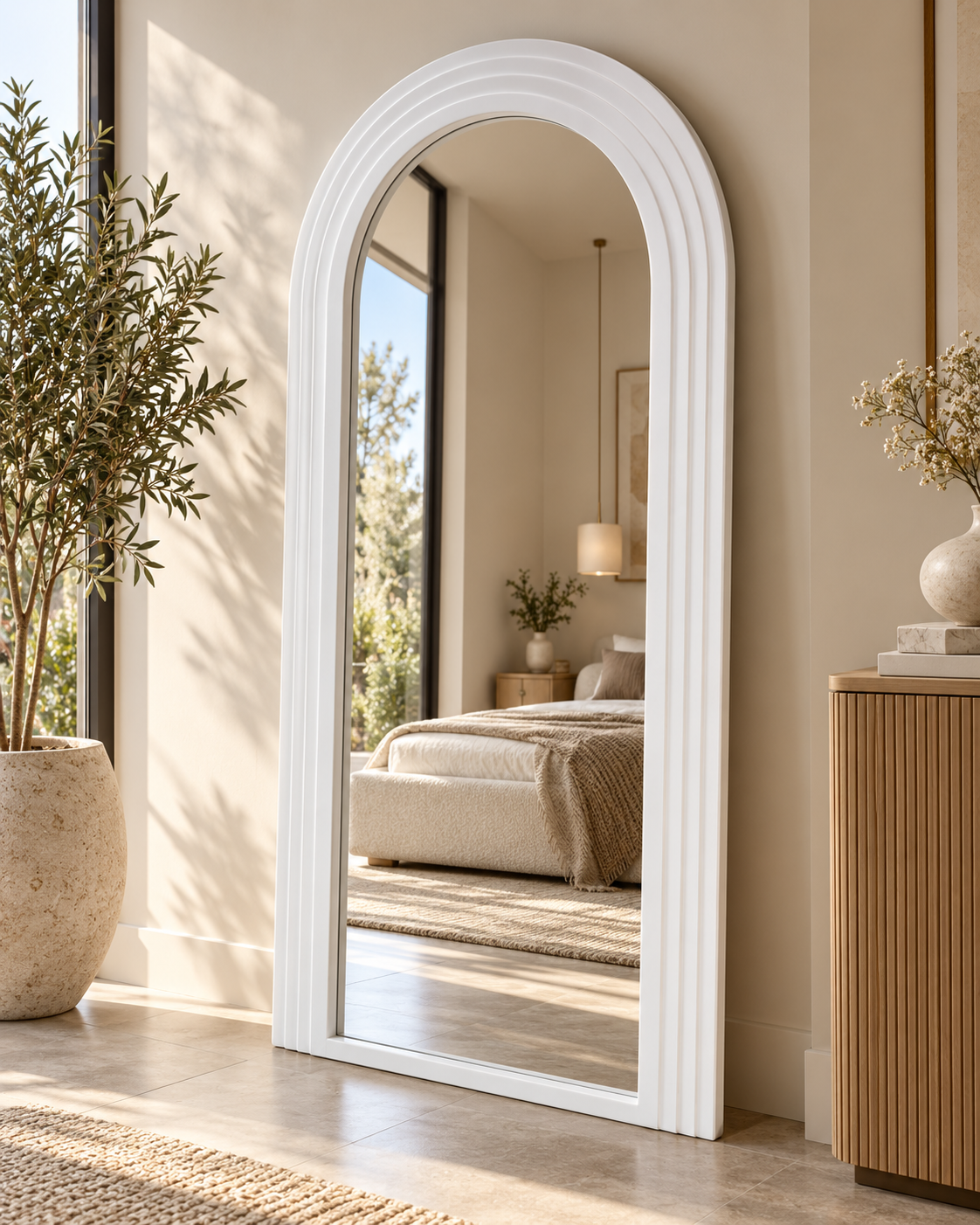 Pure White Arched Full-Length Mirror with Ribbed Wood Frame 170×80 cm