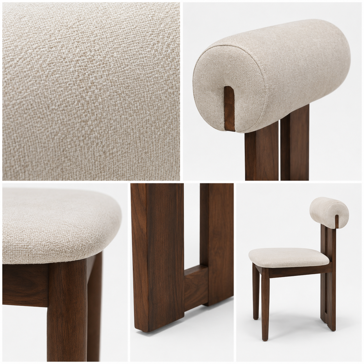 Modern Solid Wood Dining Chair with Linen Upholstered Seat & Sculptural Backrest – Beige