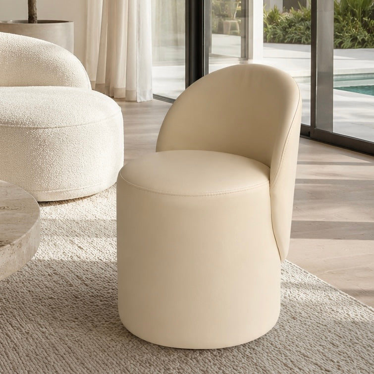 Modern Beige Artificial Leather Vanity Pouf Chair with Curved Backrest