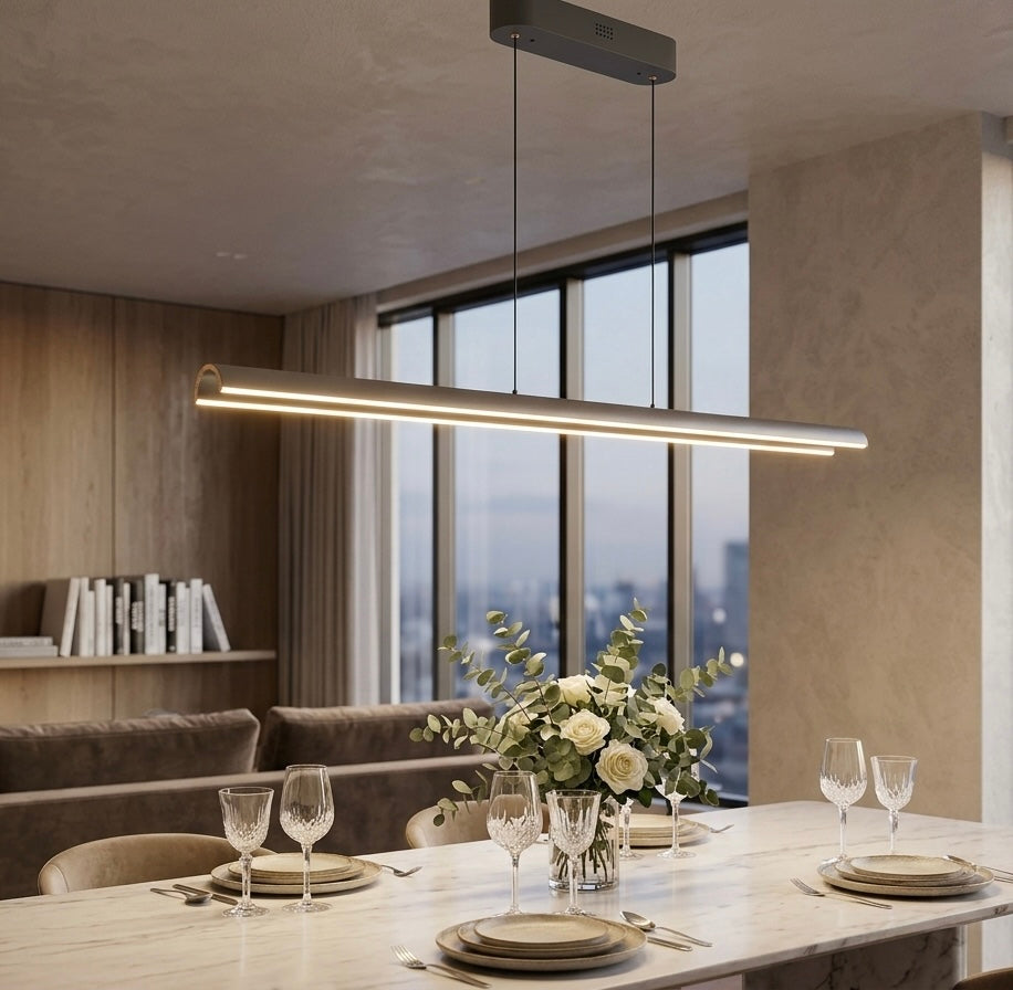 Modern Linear LED Pendant Ceiling Lamp – Matte Grey | Dimmable | Adjustable Height | CCT Changeable | 150 cm