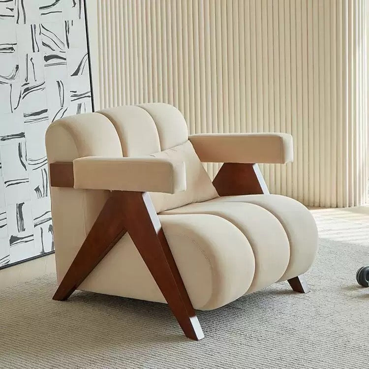 Auro Sculpted Accent Chair – Solid Wood & Soft Beige Upholstery