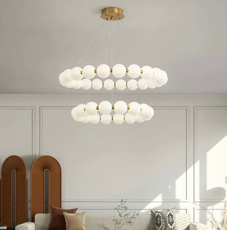 Lunara Double-Tier Glass Orb Chandelier – Modern Gold LED Pendant Light