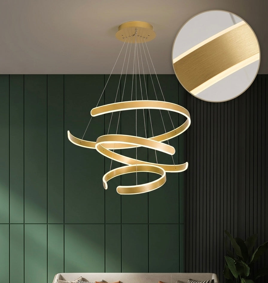 Lume Spiral LED Chandelier – 3-Ring Brushed Gold | Dimmable | Remote Control | Adjustable Suspension