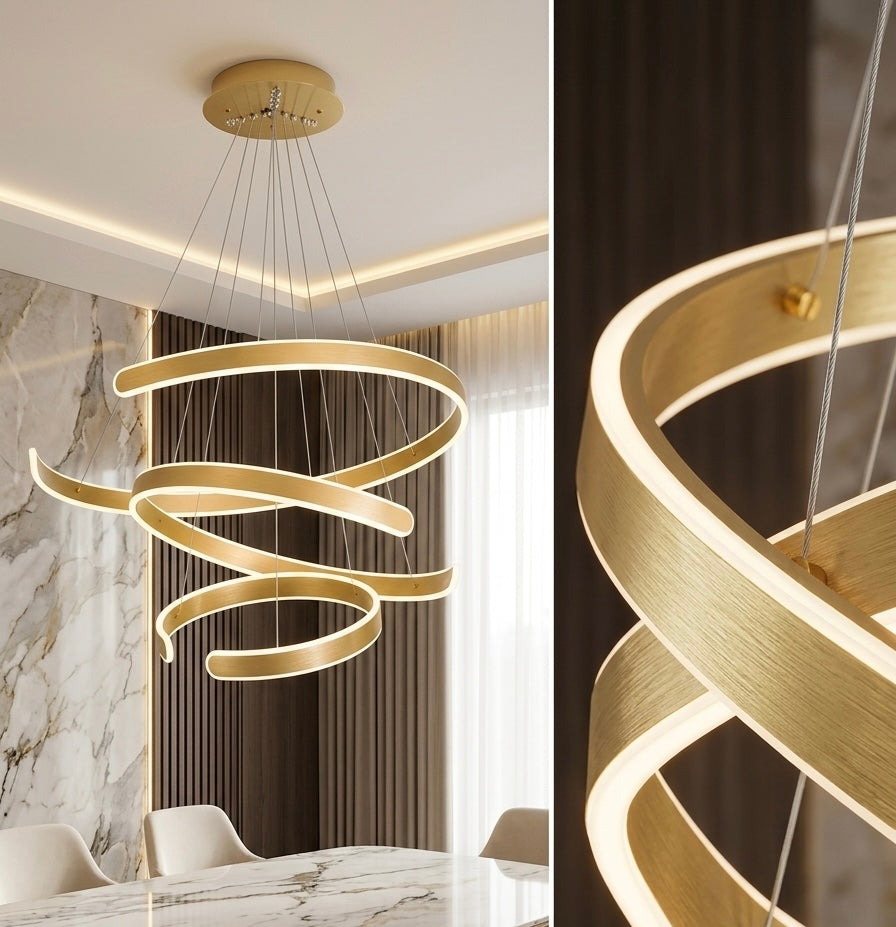 Lume Spiral LED Chandelier – 3-Ring Brushed Gold | Dimmable | Remote Control | Adjustable Suspension