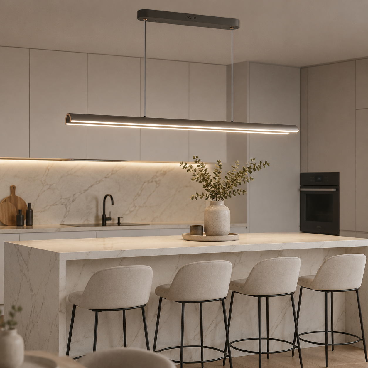 Modern Linear LED Pendant Ceiling Lamp – Matte Grey | Dimmable | Adjustable Height | CCT Changeable | 150 cm