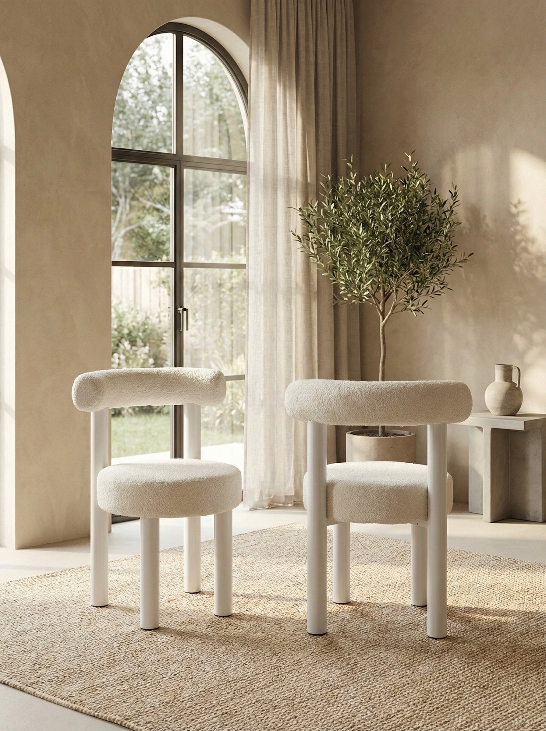 Modern Boucle Dining Chair with Metal Base – Soft White