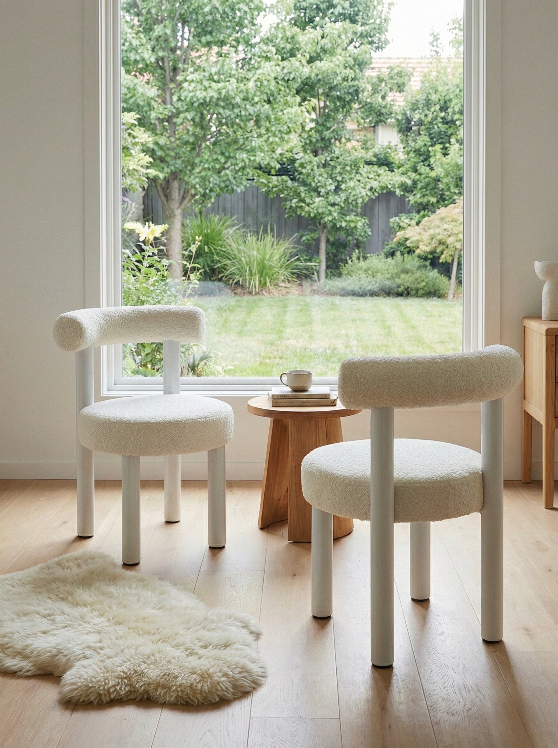 Modern Boucle Dining Chair with Metal Base – Soft White