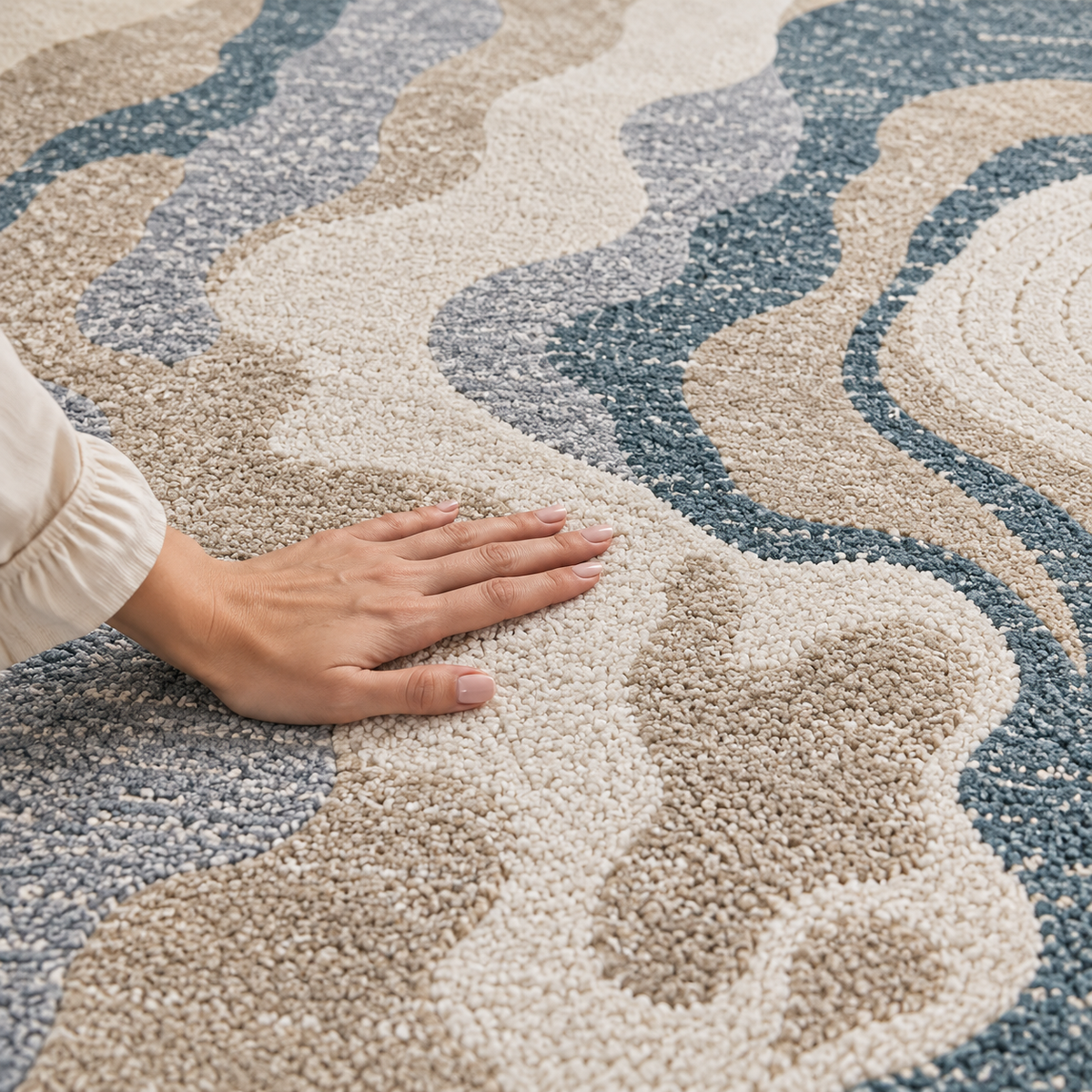 Modern Abstract Cream & Blue Area Rug 200×300 cm – Textured Large Carpet