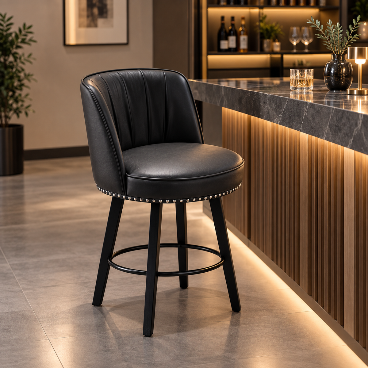 Modern Black Upholstered Bar Stool with Backrest & Footrest