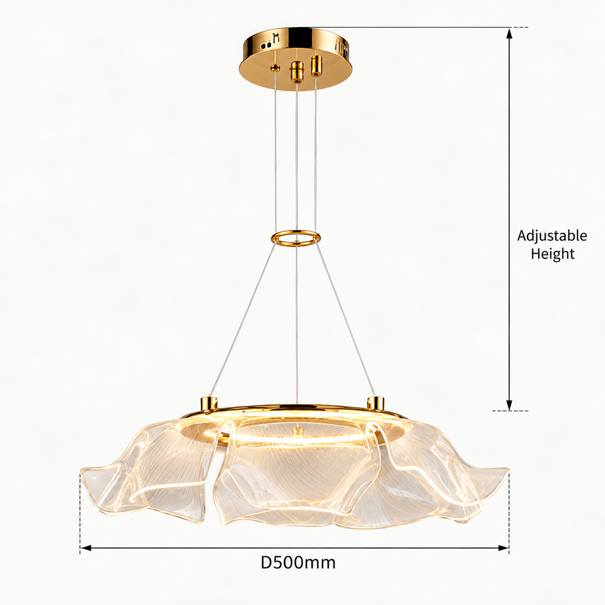 Modern Gold Ripple Glass LED Chandelier D500mm – Sculptural Pendant Light