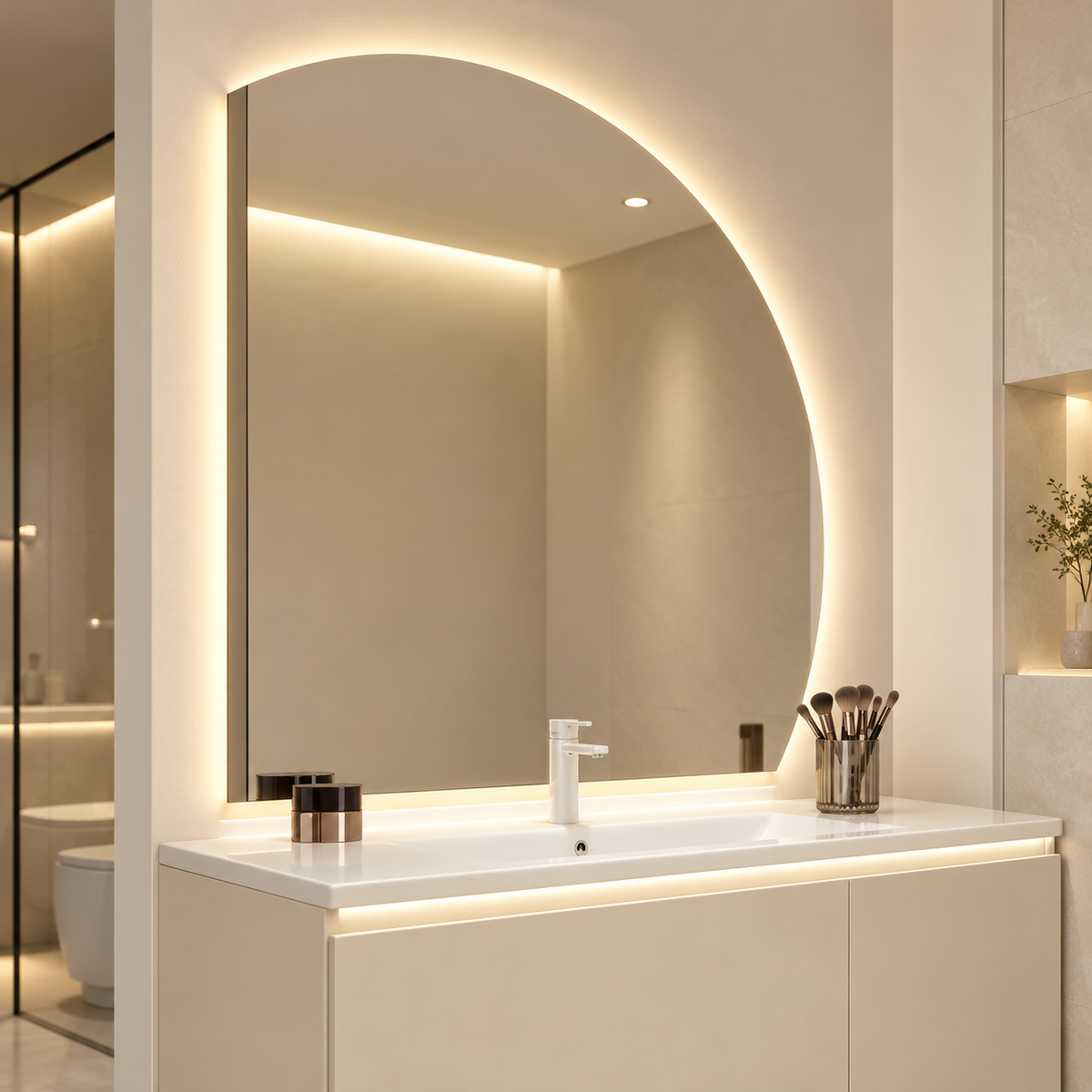 Modern Half-Moon LED Vanity Mirror 100×100 cm | SHAGHAF HOME UAE