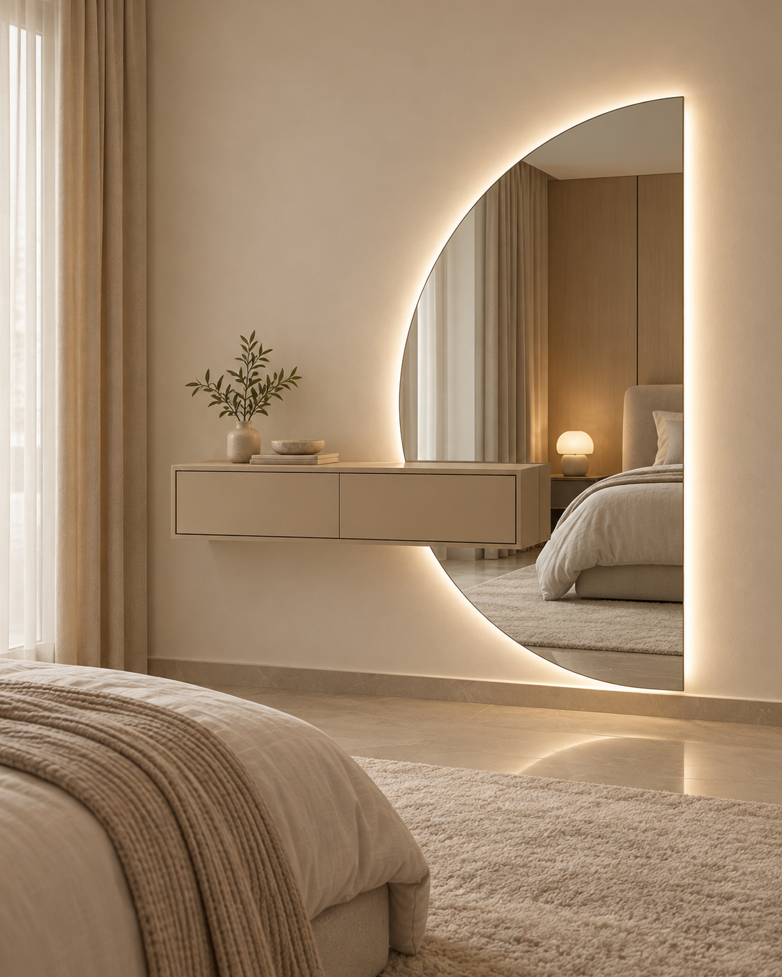 Modern Half-Moon LED Wall Mirror with Floating Console 190×100 cm | SHAGHAF HOME UAE