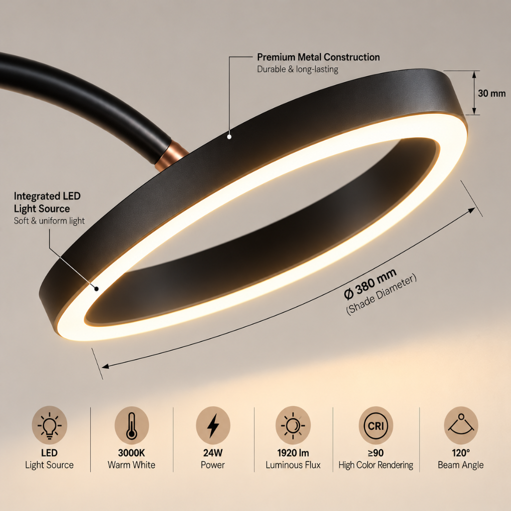 xModern LED Arc Floor Lamp – Black Ring Standing Lamp for Living Room & Bedroom