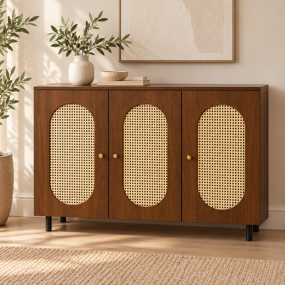 Modern MDF Sideboard Cabinet with Rattan Cane Doors 120×95×35 cm | SHAGHAF HOME UAE