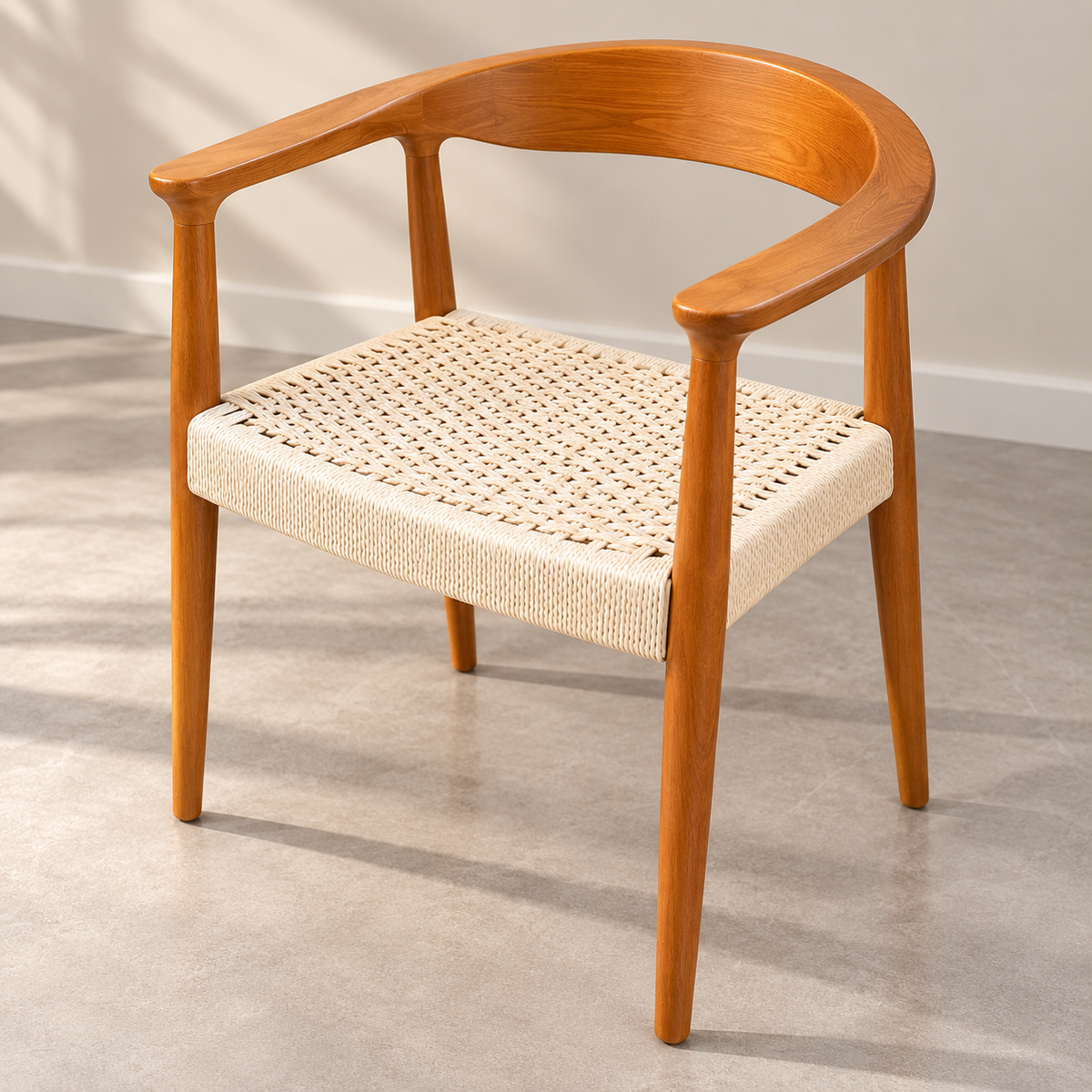 Modern Wooden Arm Dining Chair with Cream Woven Rope Seat