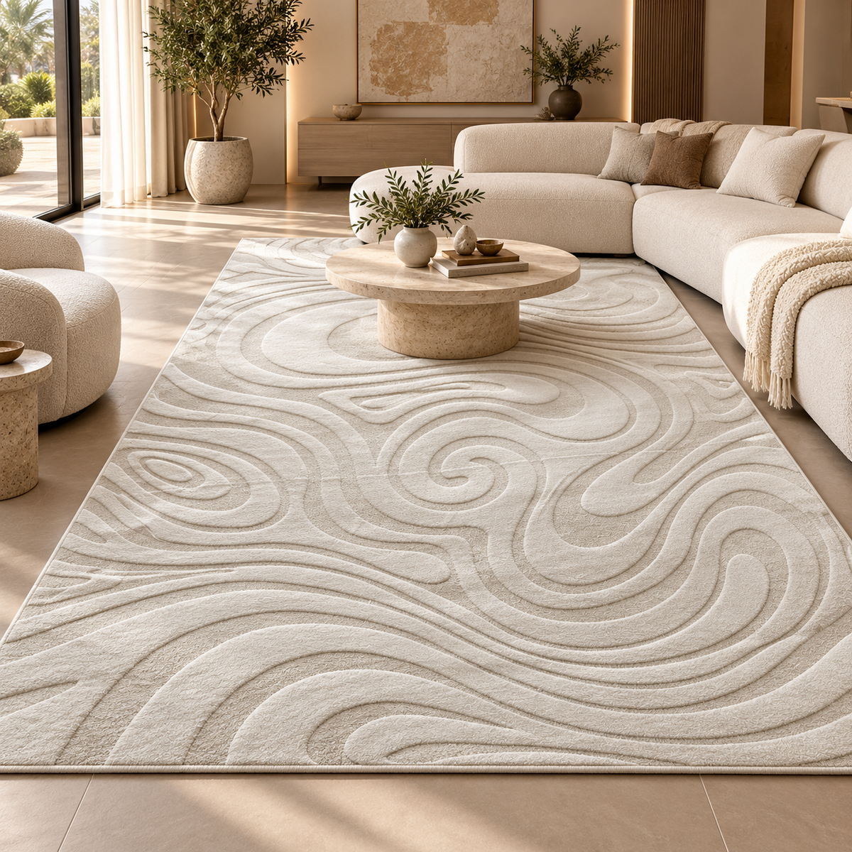 Modern 3D Wave Pattern Carpet – Light Beige | 200 × 300 cm