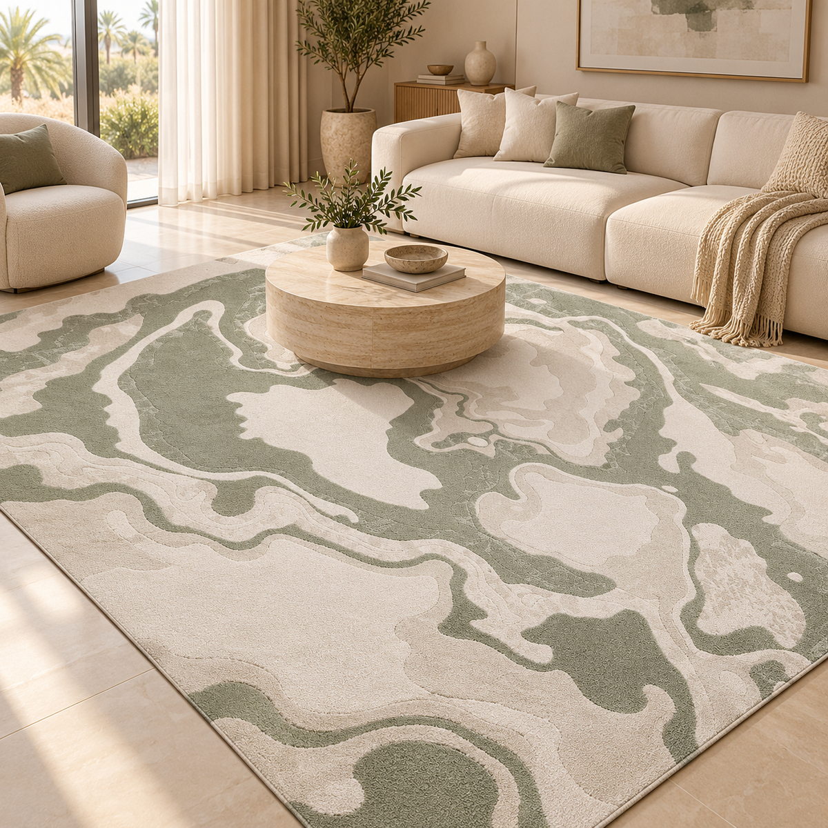 Modern Abstract Marble Pattern Carpet – Sage Green & Beige | 200 × 300 cm