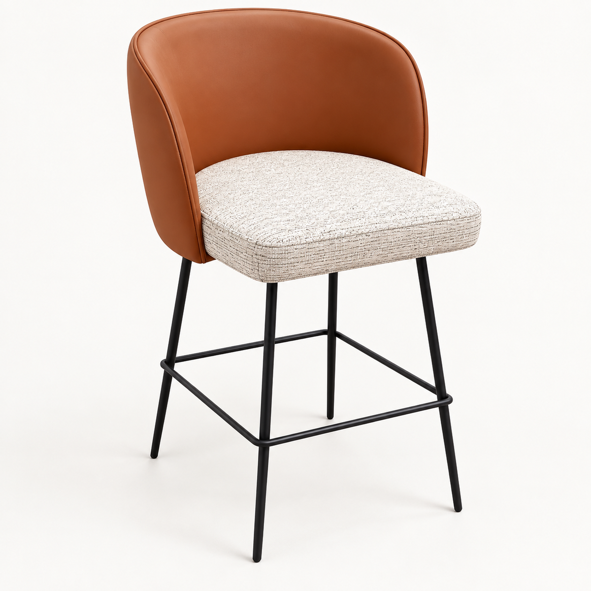 Modern Cognac Faux Leather & Beige Fabric Bar Stool 65cm | SHAGHAF HOME UAE