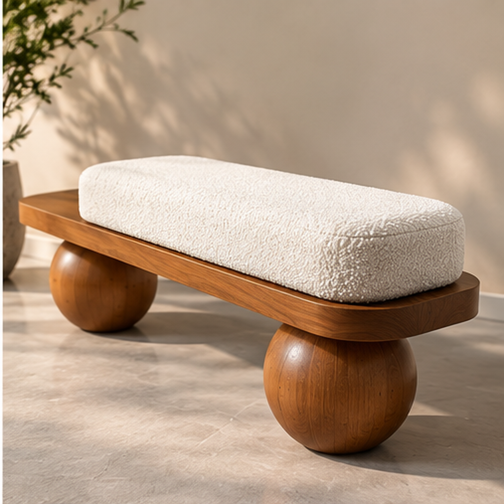 Modern Wooden Bench with White Bouclé Cushion & Round Ball Legs – Walnut Brown