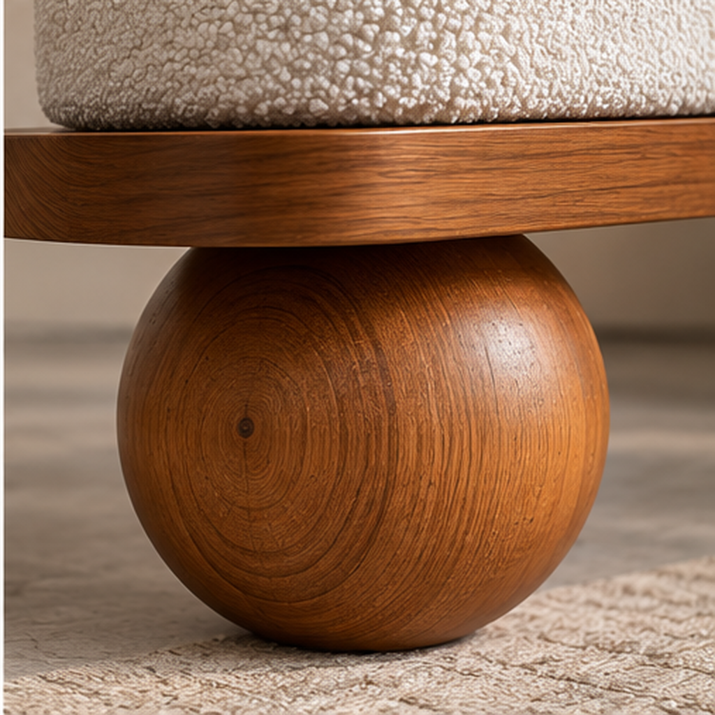 Modern Wooden Bench with White Bouclé Cushion & Round Ball Legs – Walnut Brown