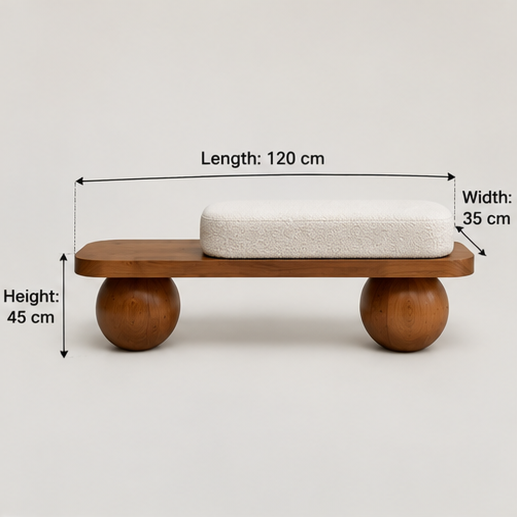 Modern Wooden Bench with White Bouclé Cushion & Round Ball Legs – Walnut Brown