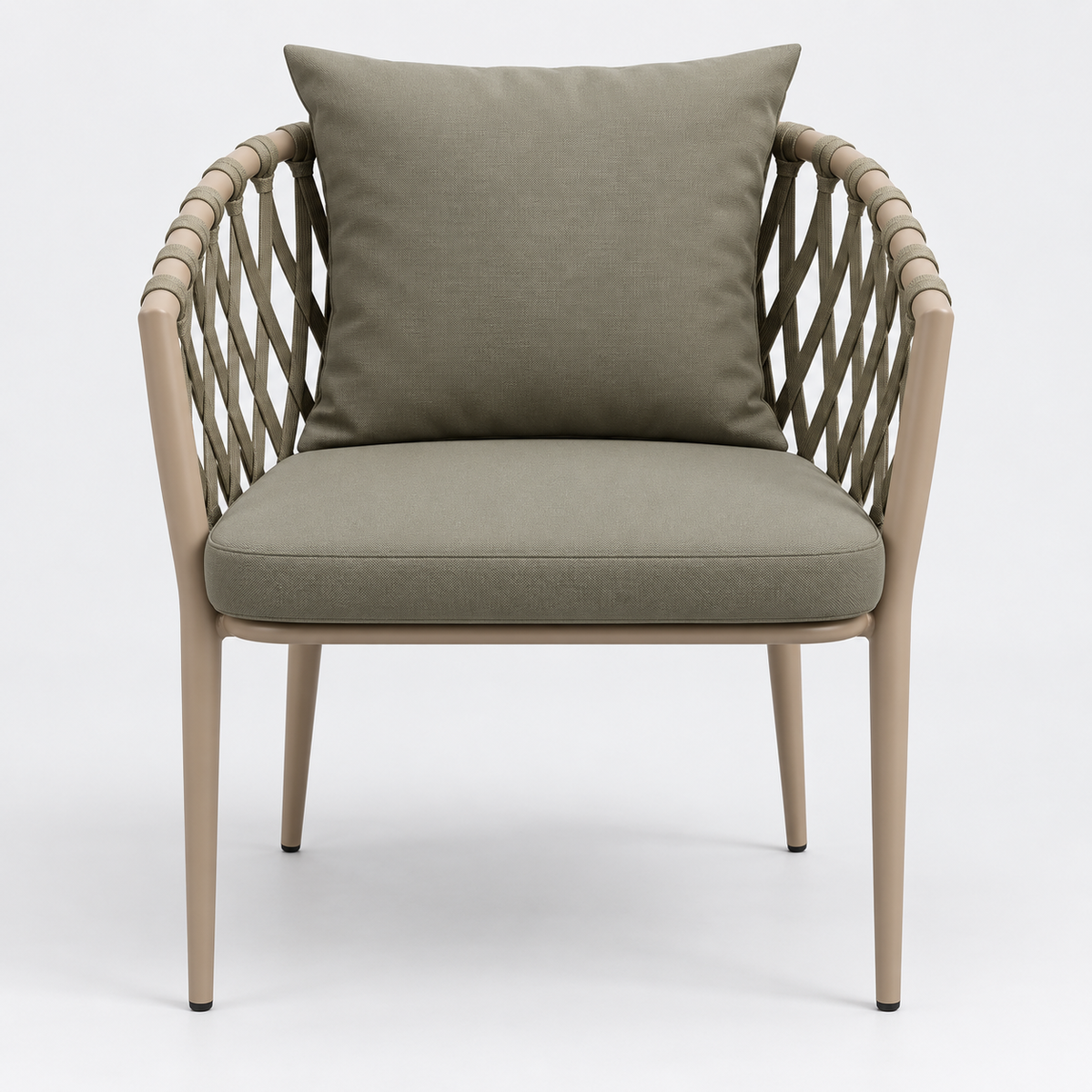 Shop an olive green outdoor rope armchair at SHAGHAF HOME UAE. Aluminum frame, woven rope sides and cushioned seating for balconies, patios and gardens.