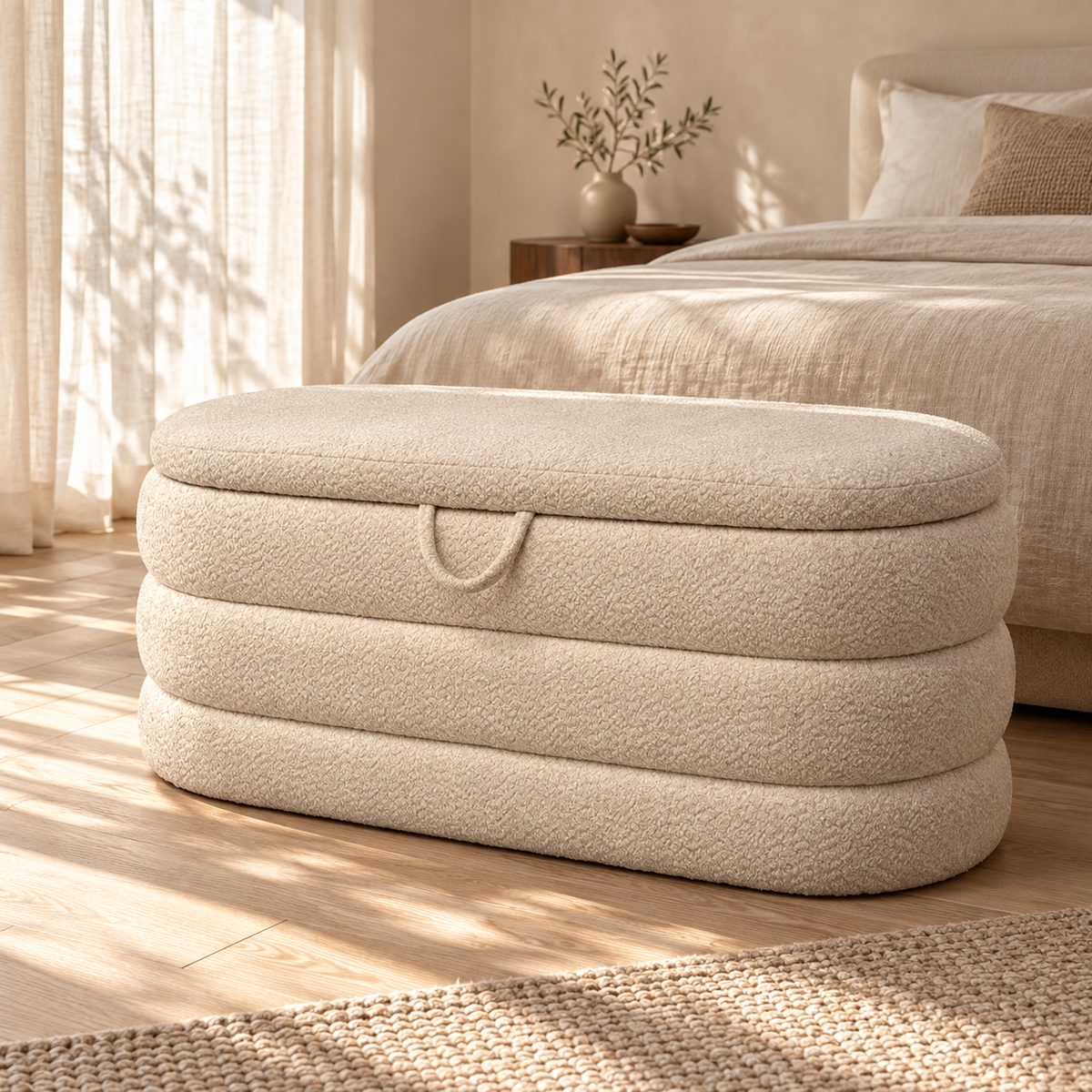 Rounded Boucle Storage Bench – Cream