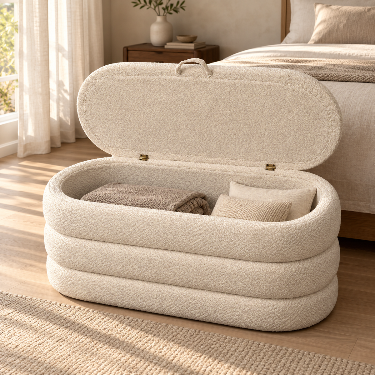 Rounded Boucle Storage Bench – Cream