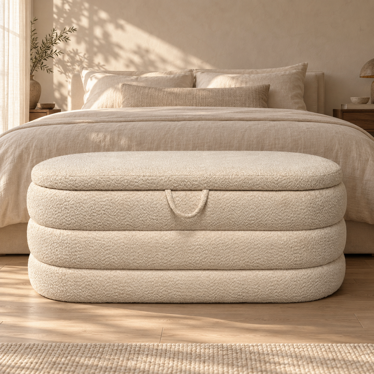 Rounded Boucle Storage Bench – Cream