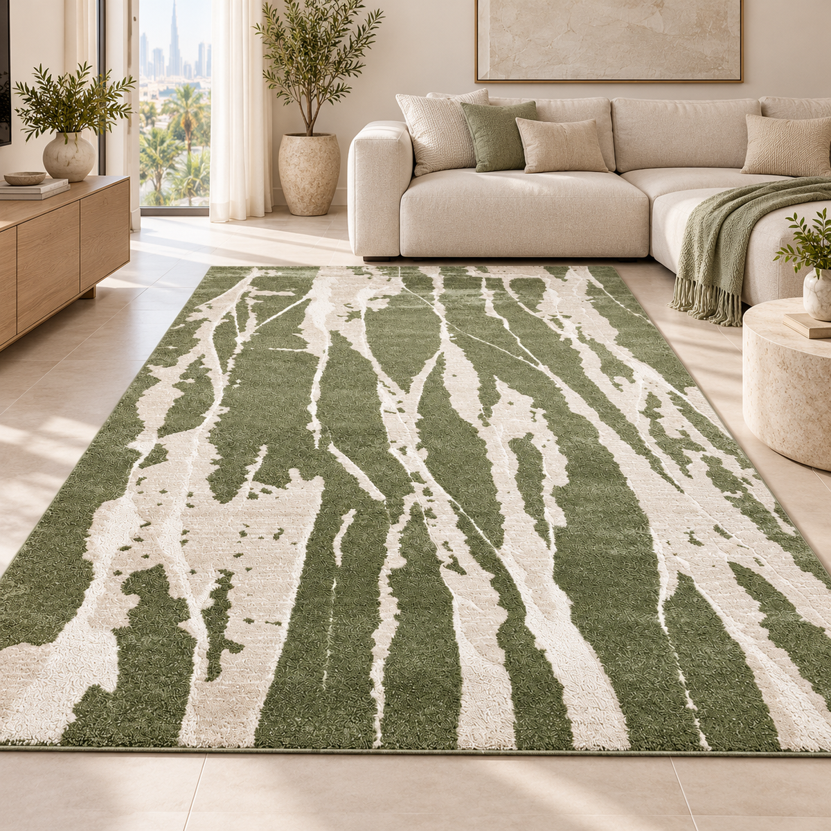 Shop the sage green and cream abstract rug at SHAGHAF HOME UAE. Modern area carpet available in 200x300 and 250x350 cm for living rooms and bedrooms.