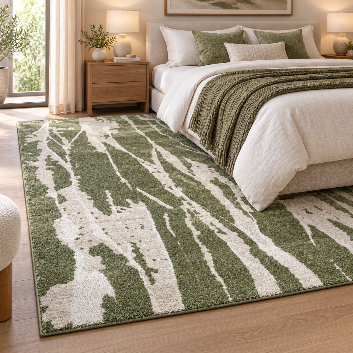 Shop the sage green and cream abstract rug at SHAGHAF HOME UAE. Modern area carpet available in 200x300 and 250x350 cm for living rooms and bedrooms.