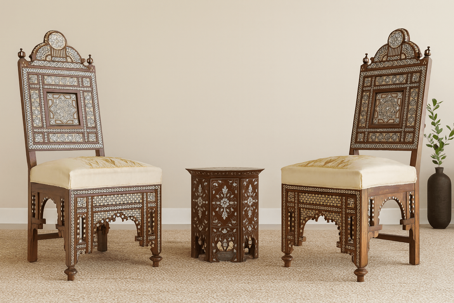 Antique Damascus Chairs with Mother of Pearl Inlay (Pair, 1870 - 1900) - SHAGHAF HOME