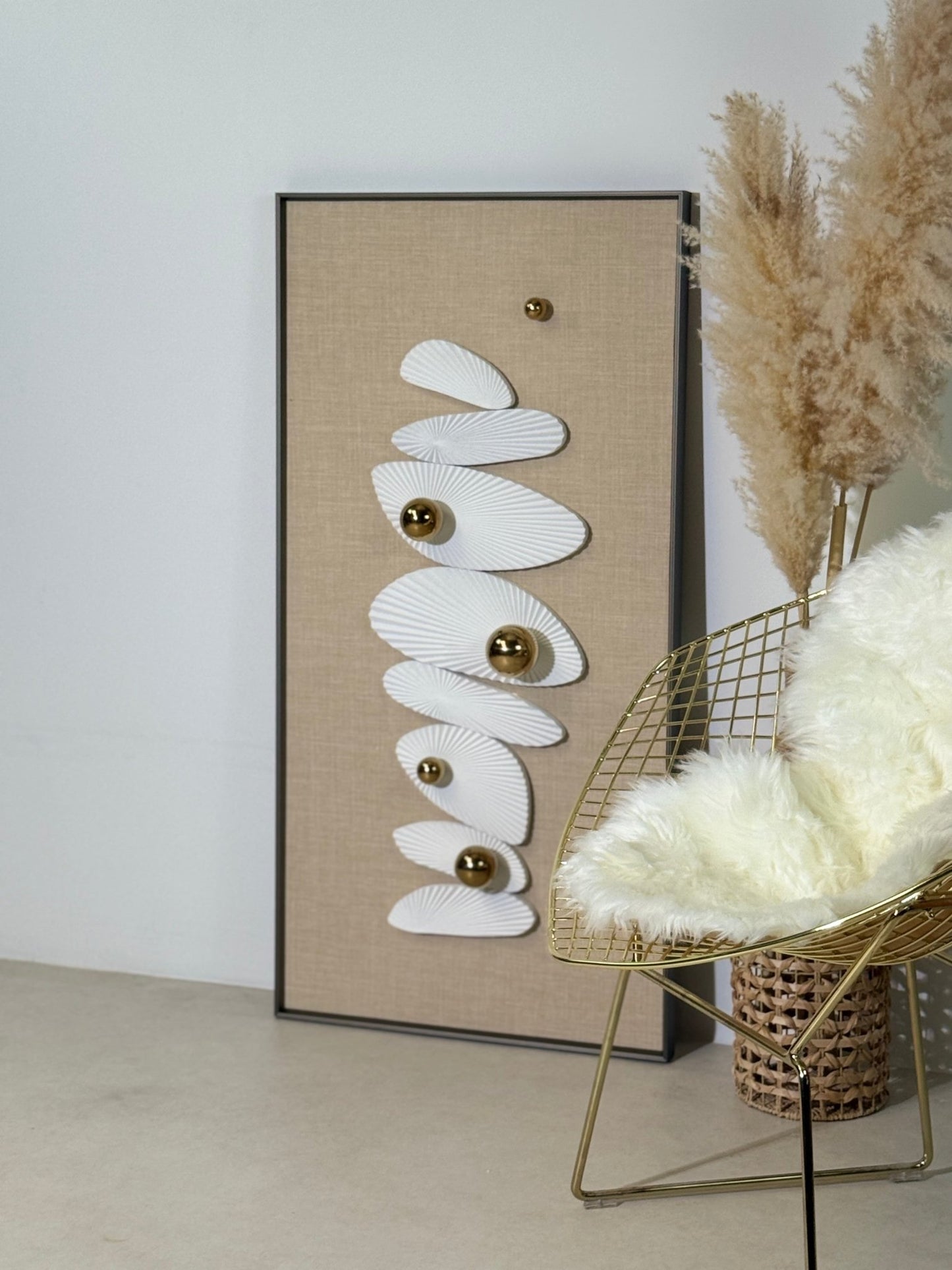 Arato Minimalist Modern Wall Art – Metal Frame, Fabric Background, Gold 3D Spheres - SHAGHAF HOME