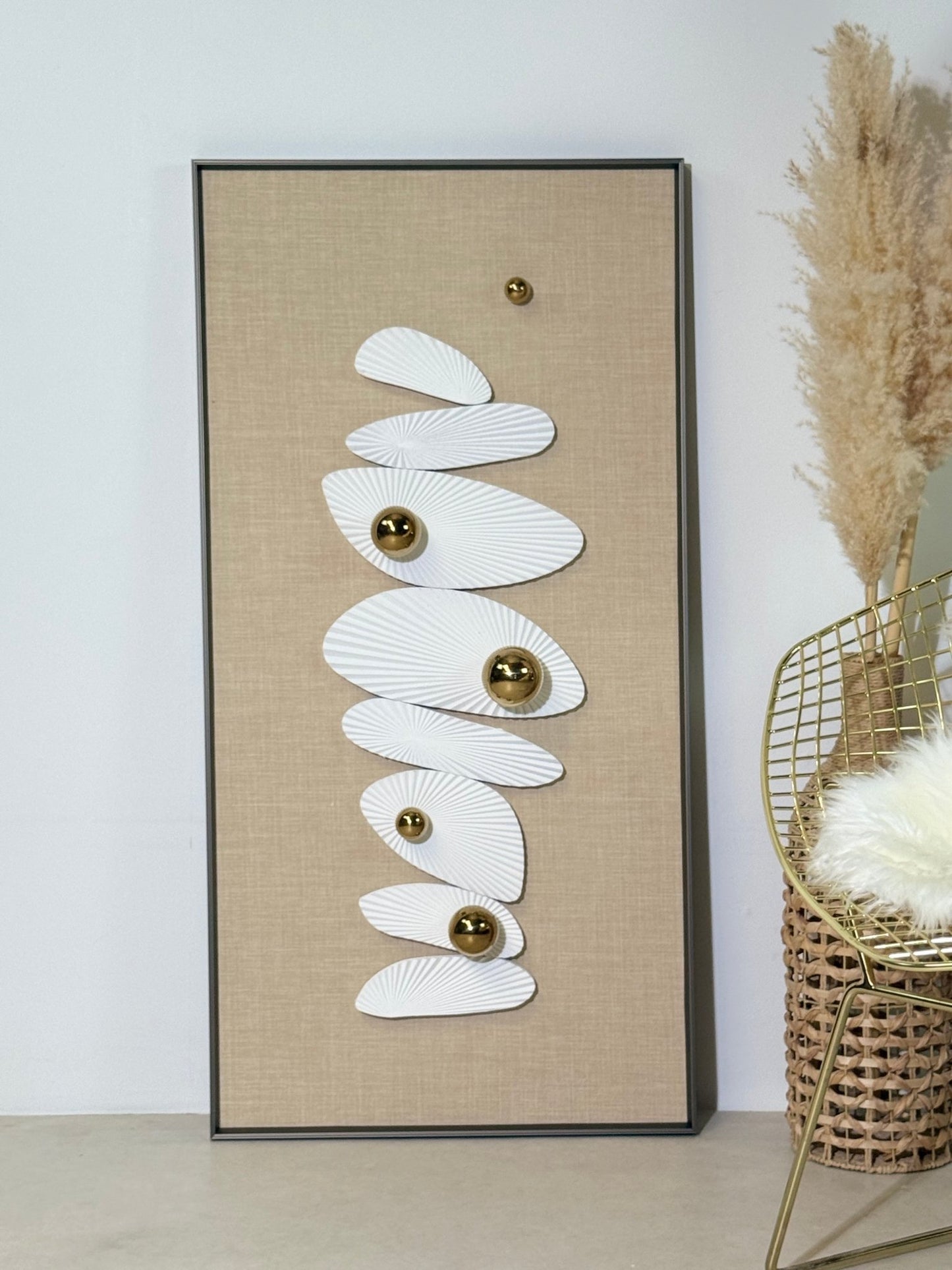 Arato Minimalist Modern Wall Art – Metal Frame, Fabric Background, Gold 3D Spheres - SHAGHAF HOME