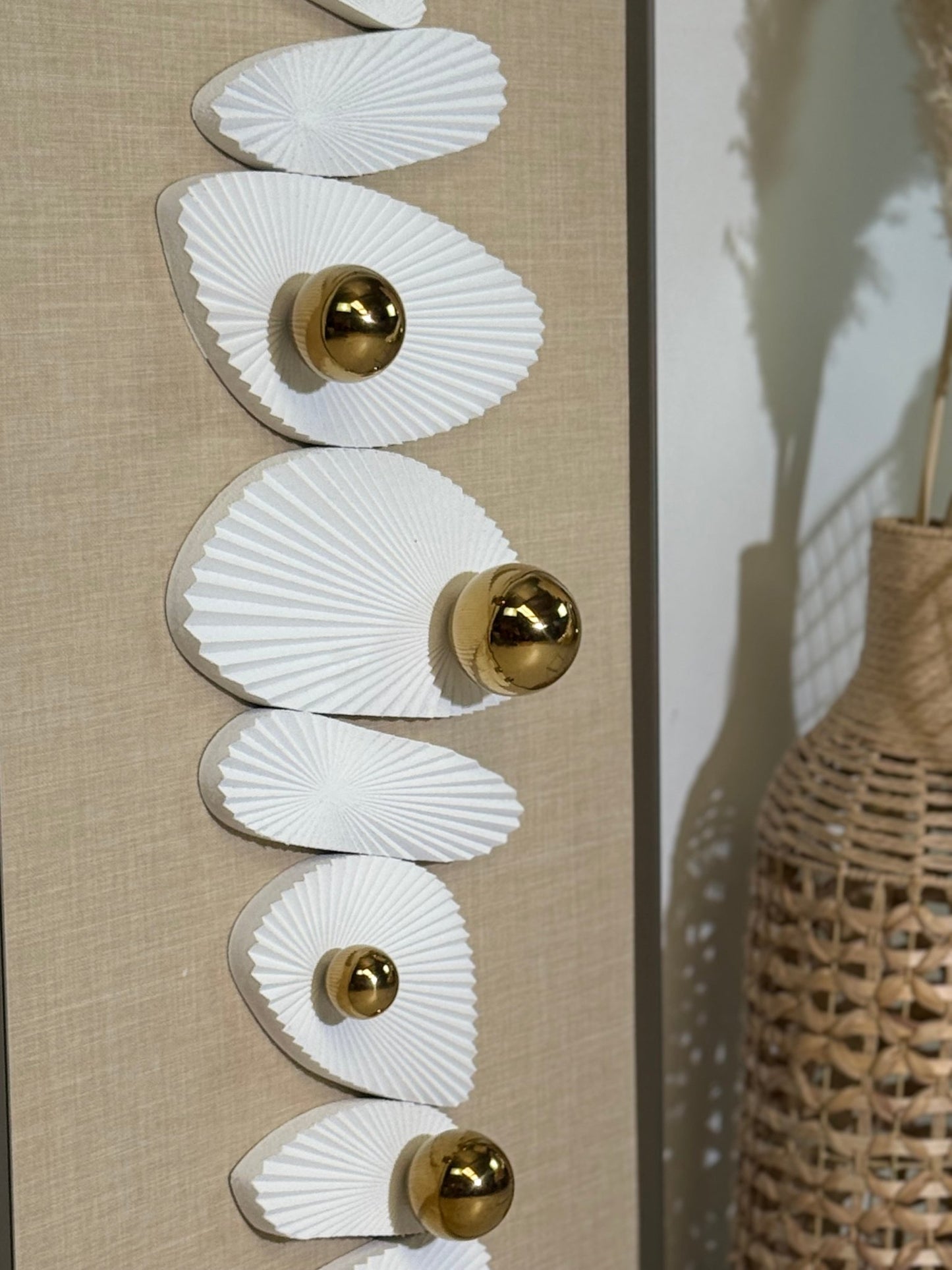 Arato Minimalist Modern Wall Art – Metal Frame, Fabric Background, Gold 3D Spheres - SHAGHAF HOME