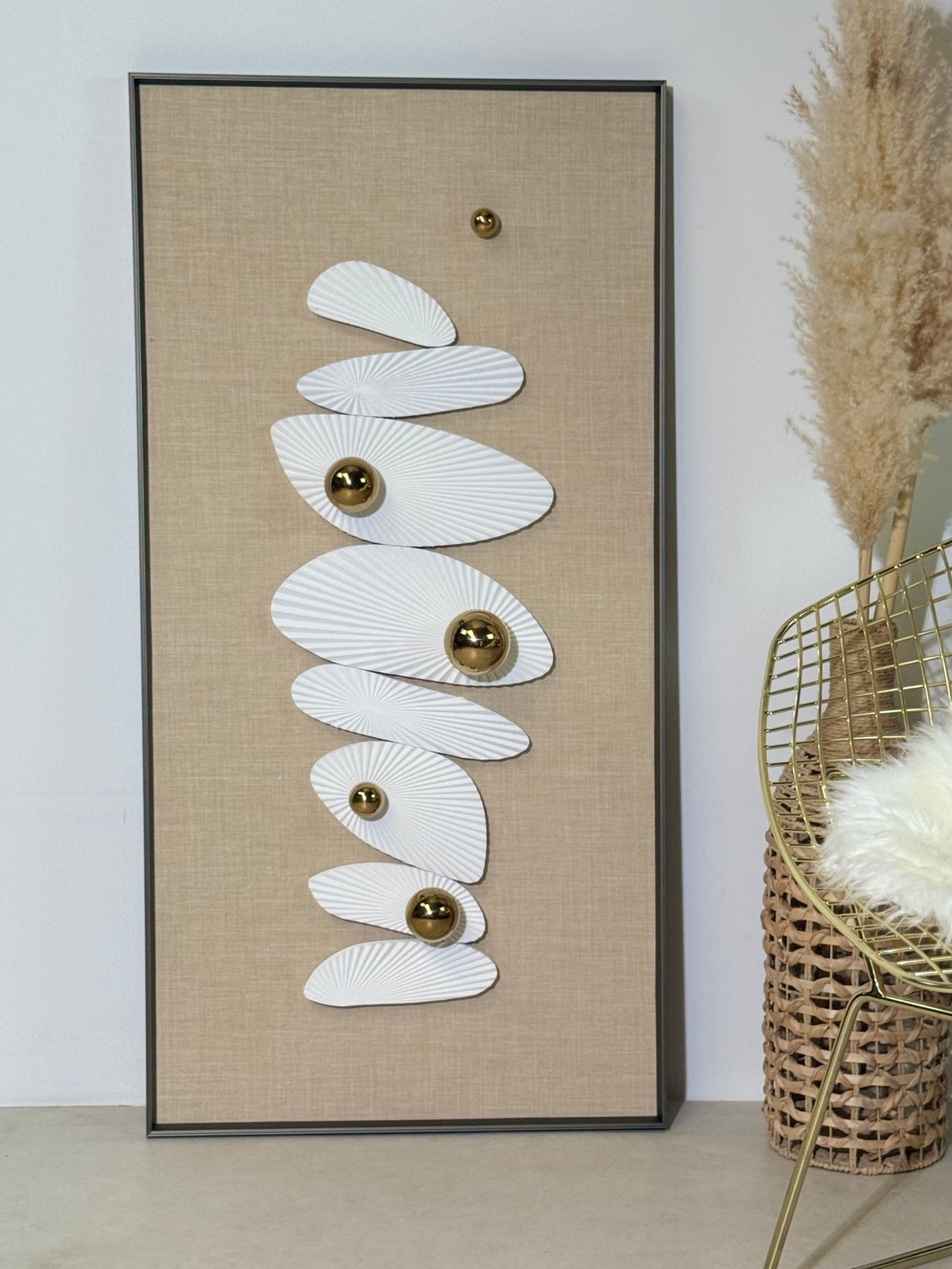 Arato Minimalist Modern Wall Art – Metal Frame, Fabric Background, Gold 3D Spheres - SHAGHAF HOME