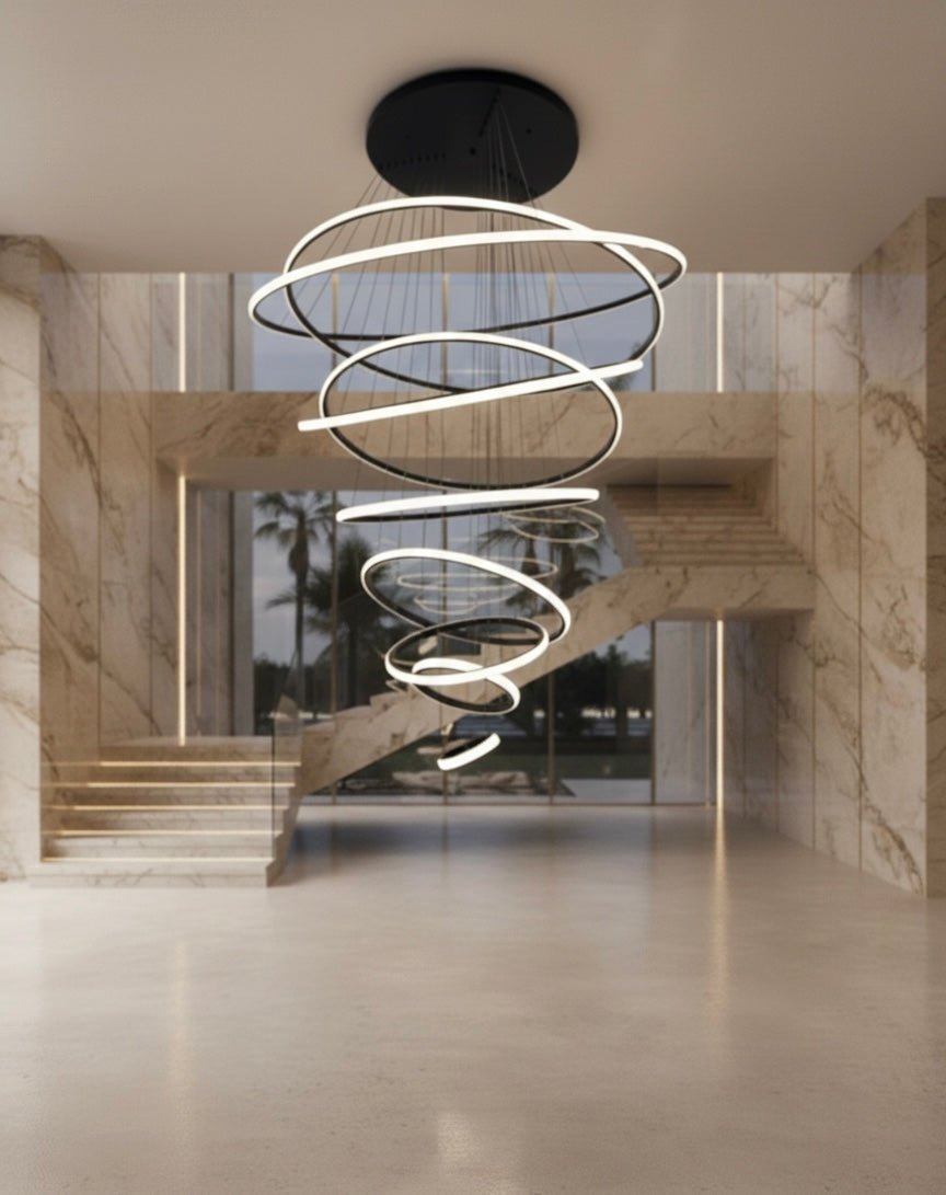 Astra Spiral black frame LED Chandelier – Luxury High - Ceiling Statement Light (3m Drop) - SHAGHAF HOME