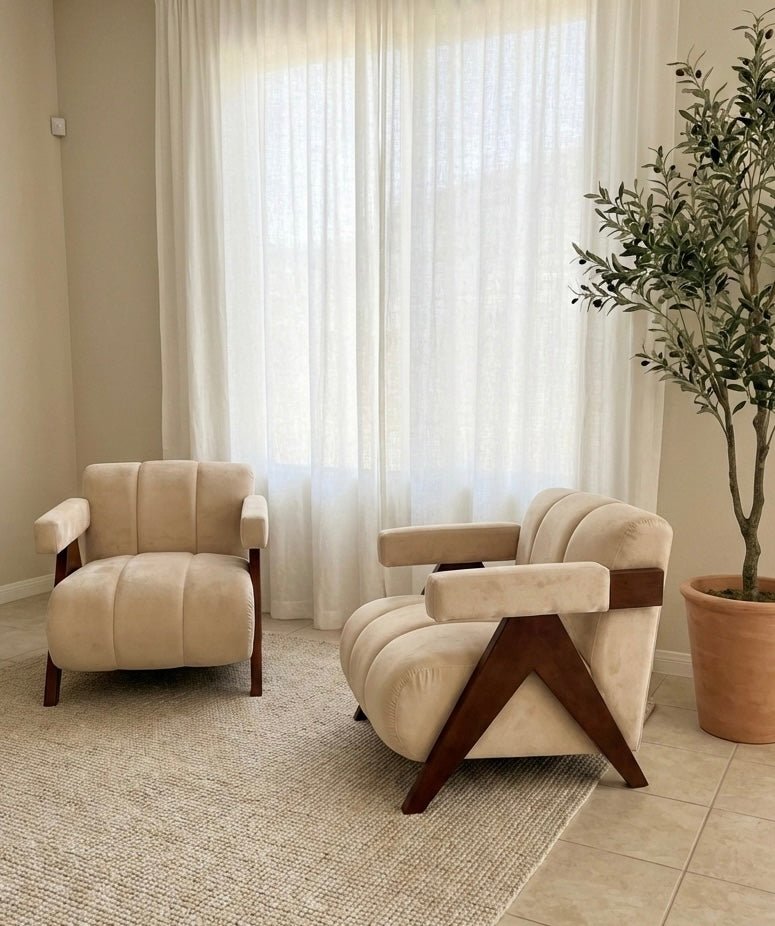 Auro Sculpted Accent Chair – Solid Wood & Soft Beige Upholstery - SHAGHAF HOME