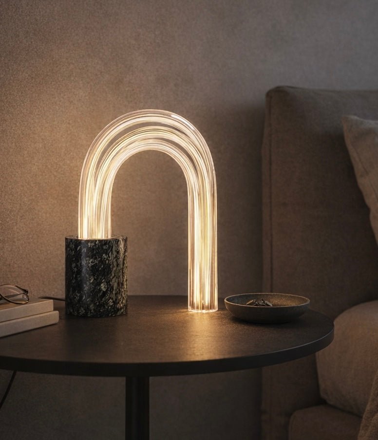 Aurora Arch Glass Table Lamp with Natural Marble Base – Modern LED Designer Accent Light - SHAGHAF HOME