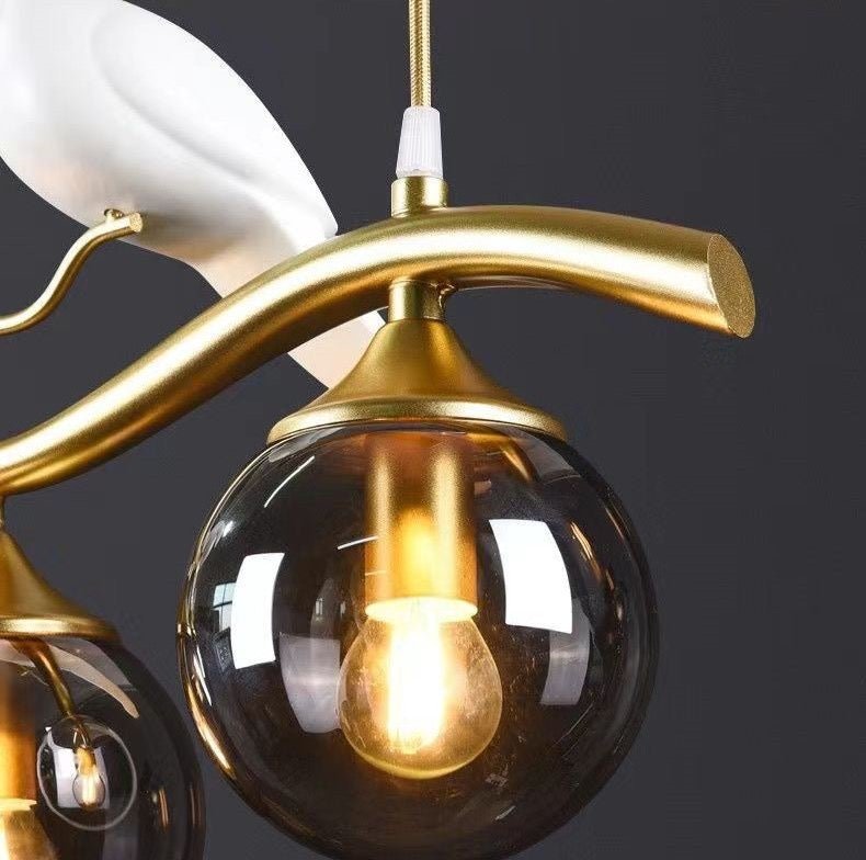 Bird Branch Chandelier with Amber Glass Globes – 4 Lights - SHAGHAF HOME