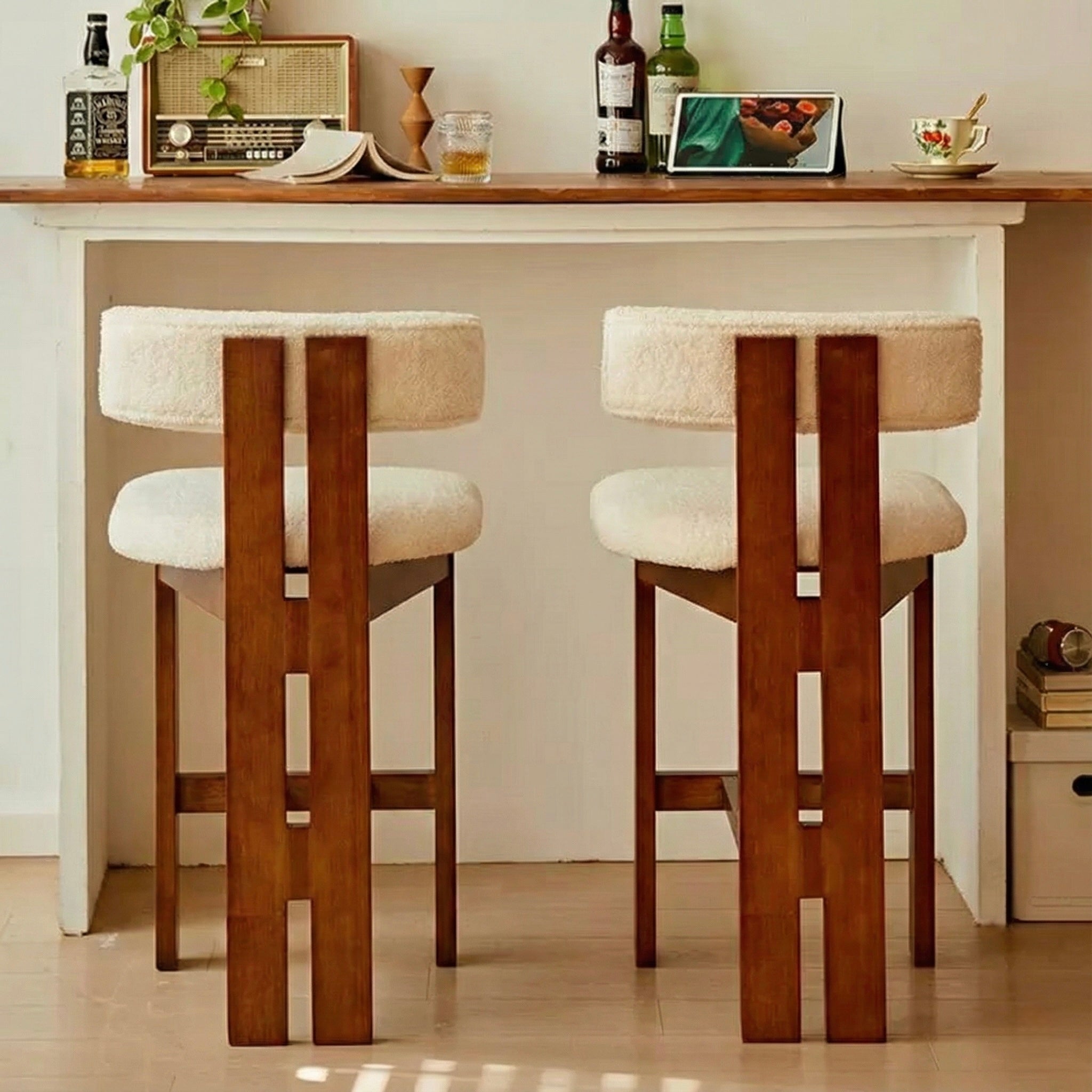 Bouclé Ash Wood Bar Stool - SHAGHAF HOME