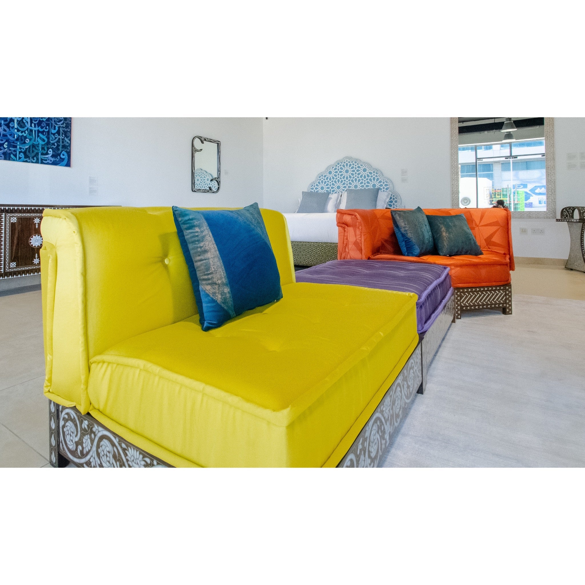 Damascus Majlis Corner Sofa with Mother of Pearl Base - Orange - SHAGHAF HOME